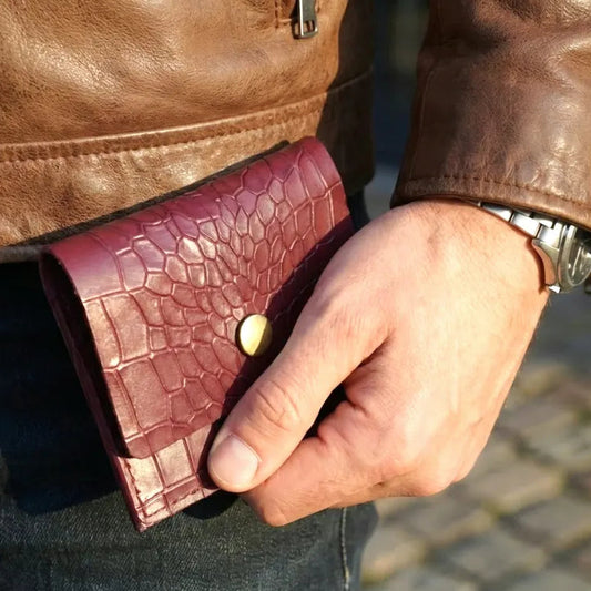 Cherry Croco Genuine Leather Slim Gloss Aniline Finish With Snap Button Flap 5 Card Capacity Card Case For Men & Women