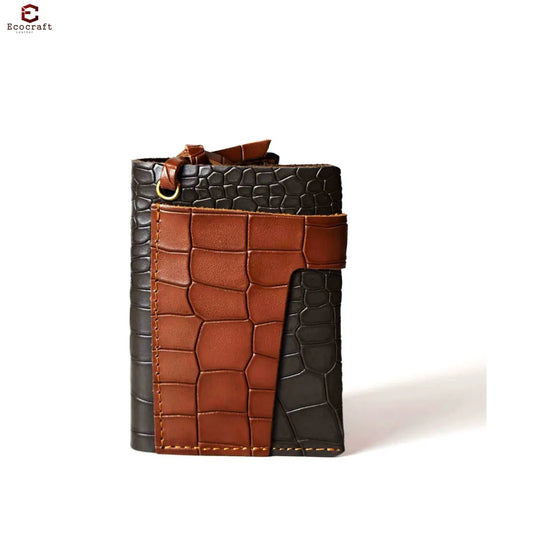 Brown Croco Pattern Genuine Leather Slim Minimalist Pocket Multi-Card Slots, Key-Ring Loop Premium Handcrafted Design Wallet Card Holder For Men & Women