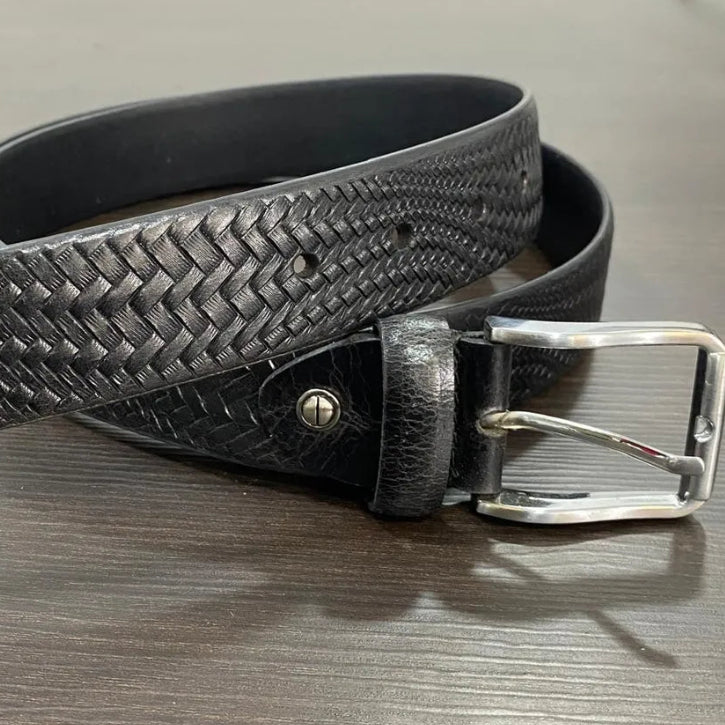 Black Genuine Leather Men's Belt | Premium Textured Formal & Casual Belt with Metal Buckle | Adjustable Trim-to-Fit Leather Belt for Men
