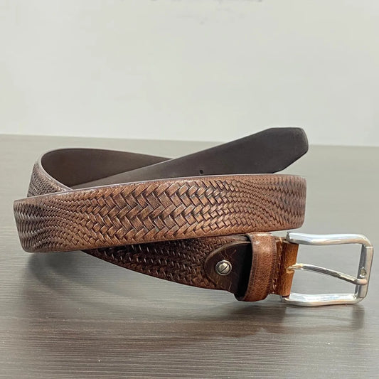 Brown Genuine Leather Men's Belt | Premium Textured Formal & Casual Belt with Metal Buckle | Adjustable Trim-to-Fit Leather Belt for Men