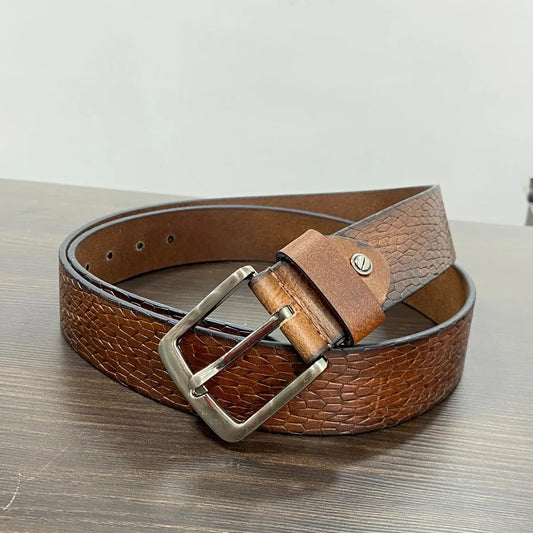 Tan Genuine Leather Premium Textured Formal & Casual With Metal Buckle Adjustable Trim-To-Fit Leather Belt For Men