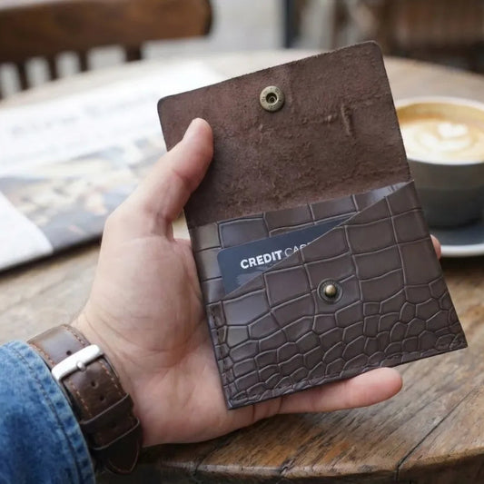 Grey Croco Genuine Leather Slim Gloss Aniline Finish With Snap Button Flap 5 Card Capacity Card Case For Men & Women