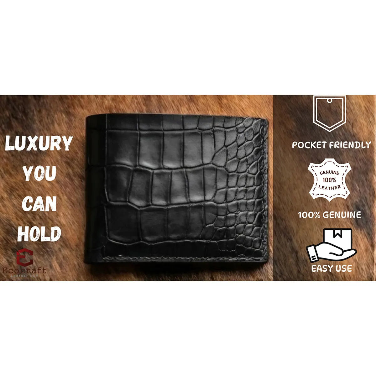 Black Croco Pattern Genuine Leather V-Cut Bifold Snap Closure Gloss Aniline Finish Multi-Compartment Storage Wallet For Men