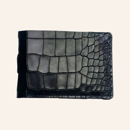 Black Croco Pattern Genuine Leather V-Cut Bifold Snap Closure Gloss Aniline Finish Multi-Compartment Storage Wallet For Men
