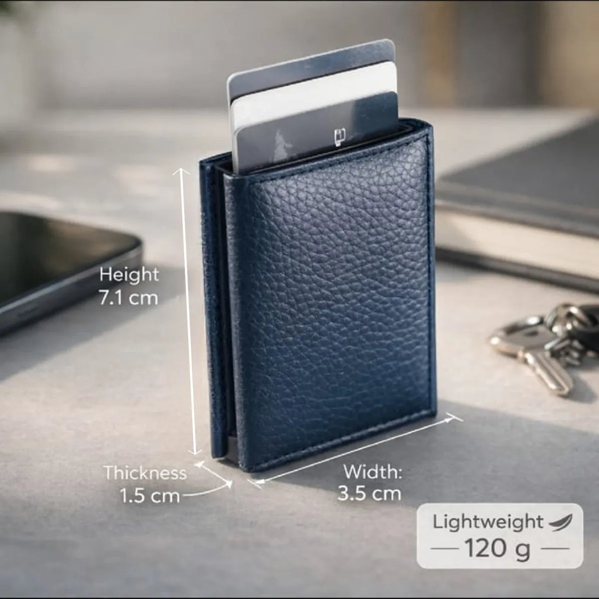 Navy Blue Bifold Pop-Up Leather 8 Card Slots, 1 Id Window, 1 Cash Compartment Premium Pebble Grain Leather Card Holder For Men & Women