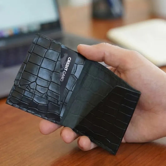 Black Croco Genuine Leather Slim Gloss Aniline Finish With Snap Button Flap 5 Card Capacity Card Case For Men & Women