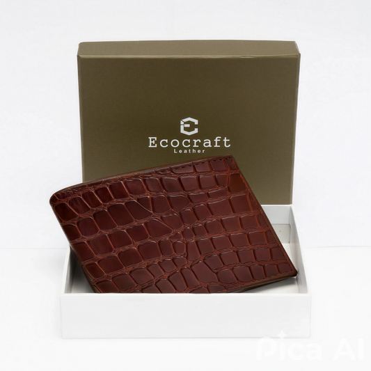 Ecocraft brown crocodile-textured wallet presented in gift box