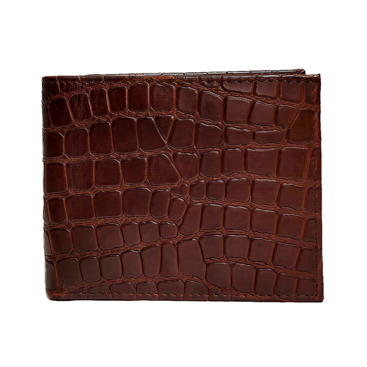 Close-up of brown crocodile-textured Ecocraft wallet exterior