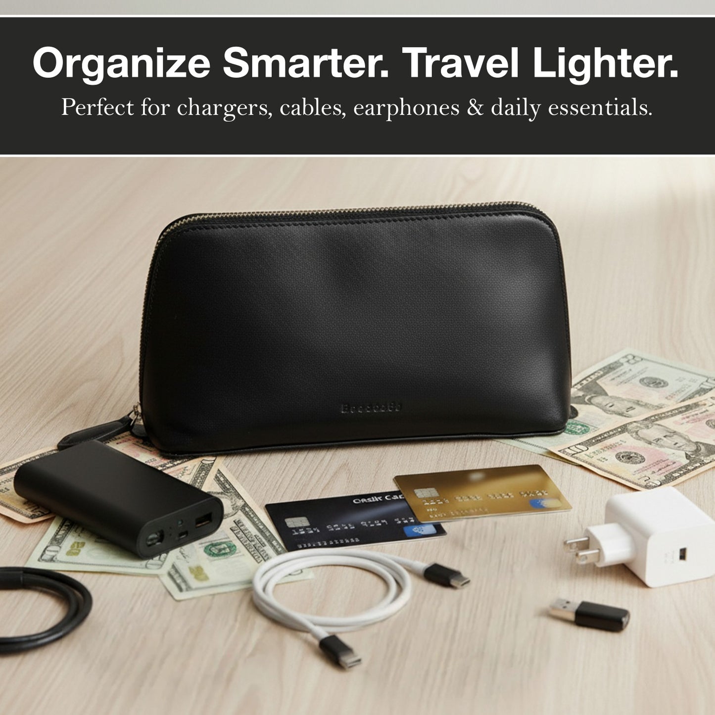 Black Genuine Leather Chargers Gadgets & Accessories Full Grain Aniline Leather Travel Organizer Pouch For Cables For Men & Women