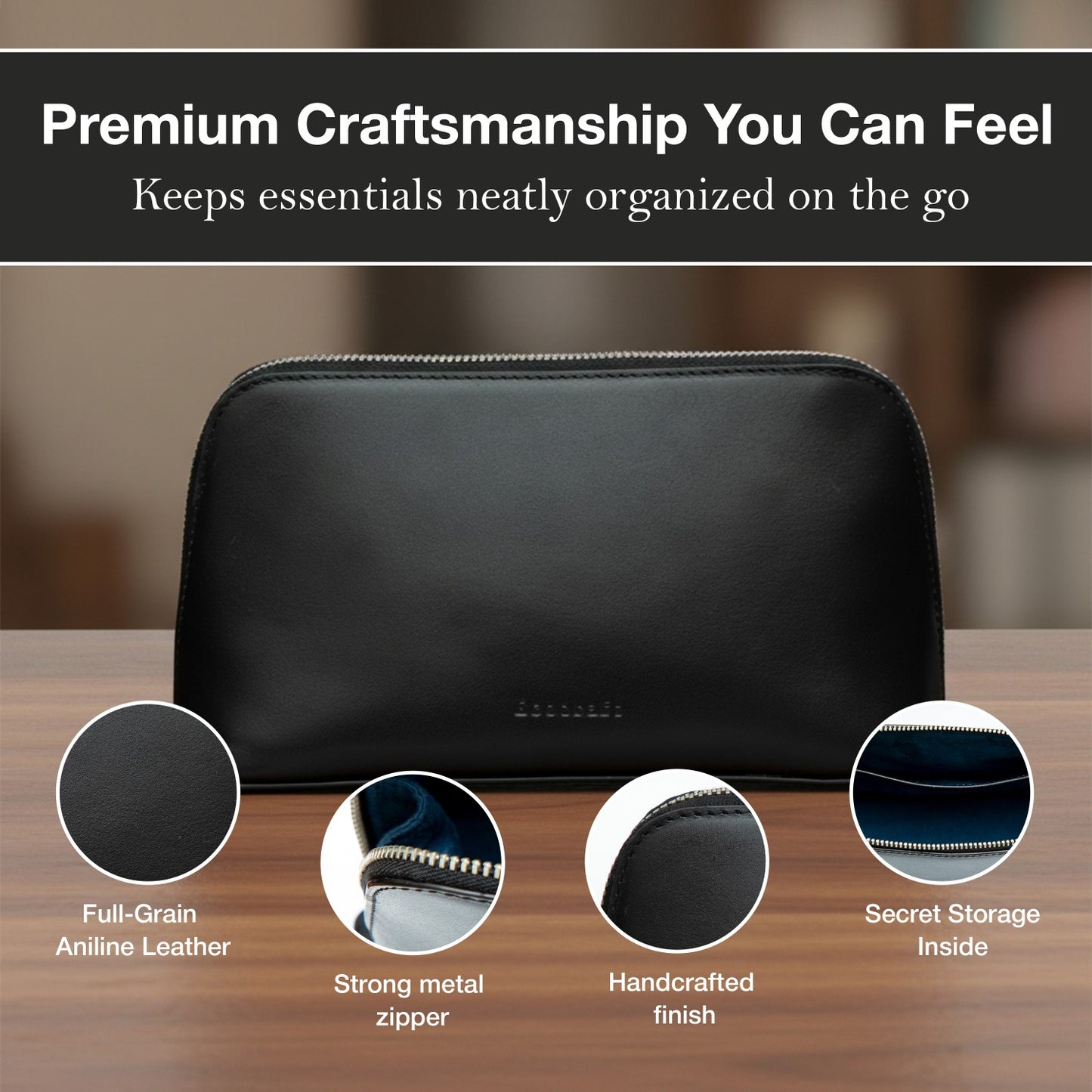 Black Genuine Leather Chargers Gadgets & Accessories Full Grain Aniline Leather Travel Organizer Pouch For Cables For Men & Women