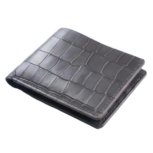 Grey Croco Pattern Genuine Leather V-Cut Bifold Snap Closure Gloss Aniline Finish Multi-Compartment Storage Wallet For Men