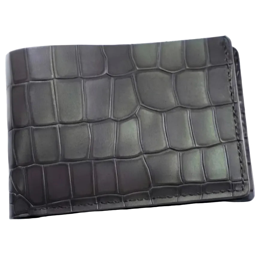 Grey Croco Pattern Genuine Leather V-Cut Bifold Snap Closure Gloss Aniline Finish Multi-Compartment Storage Wallet For Men