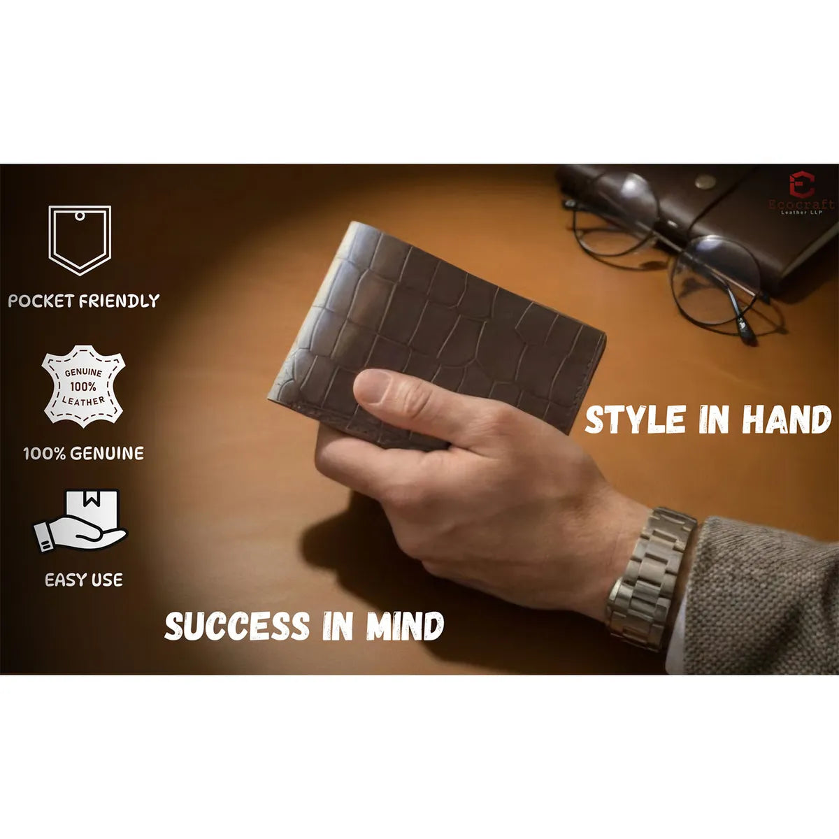 Grey Croco Pattern Genuine Leather V-Cut Bifold Snap Closure Gloss Aniline Finish Multi-Compartment Storage Wallet For Men