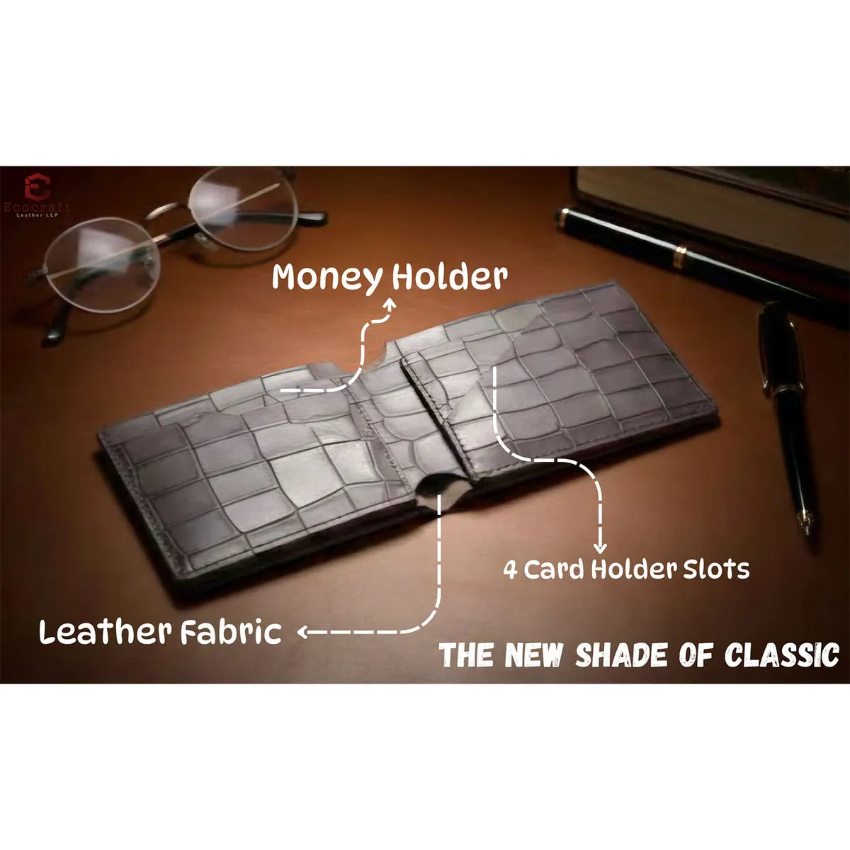 Grey Croco Pattern Genuine Leather V-Cut Bifold Snap Closure Gloss Aniline Finish Multi-Compartment Storage Wallet For Men