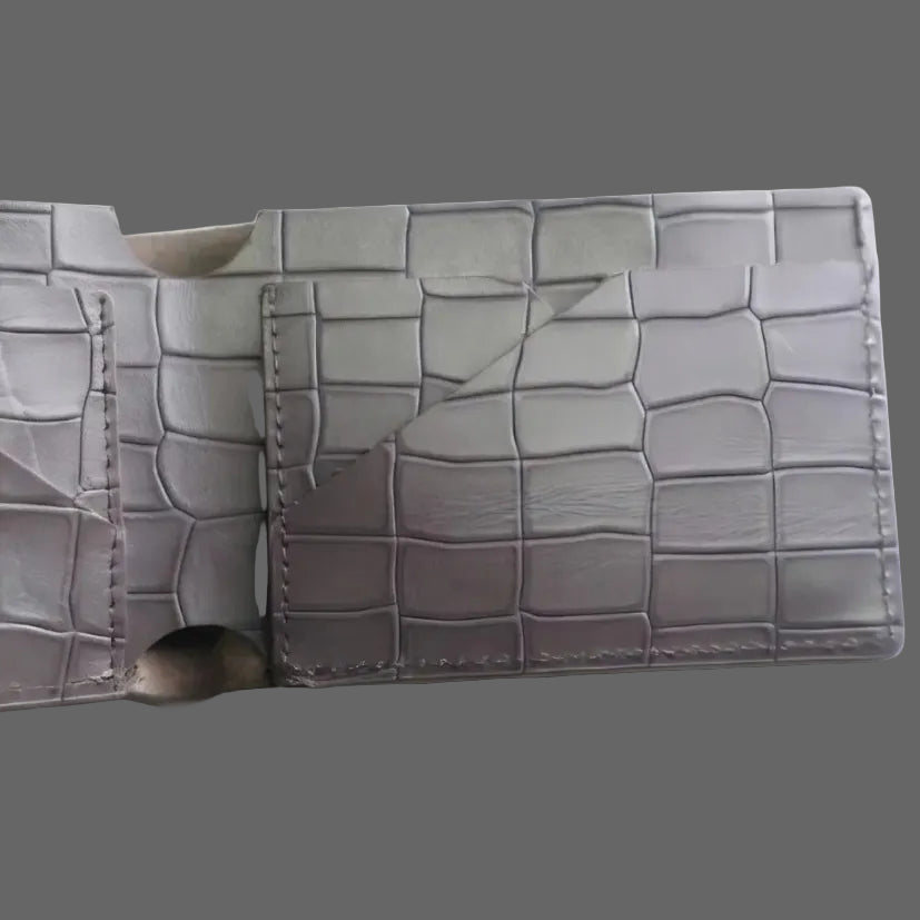 Grey Croco Pattern Genuine Leather V-Cut Bifold Snap Closure Gloss Aniline Finish Multi-Compartment Storage Wallet For Men