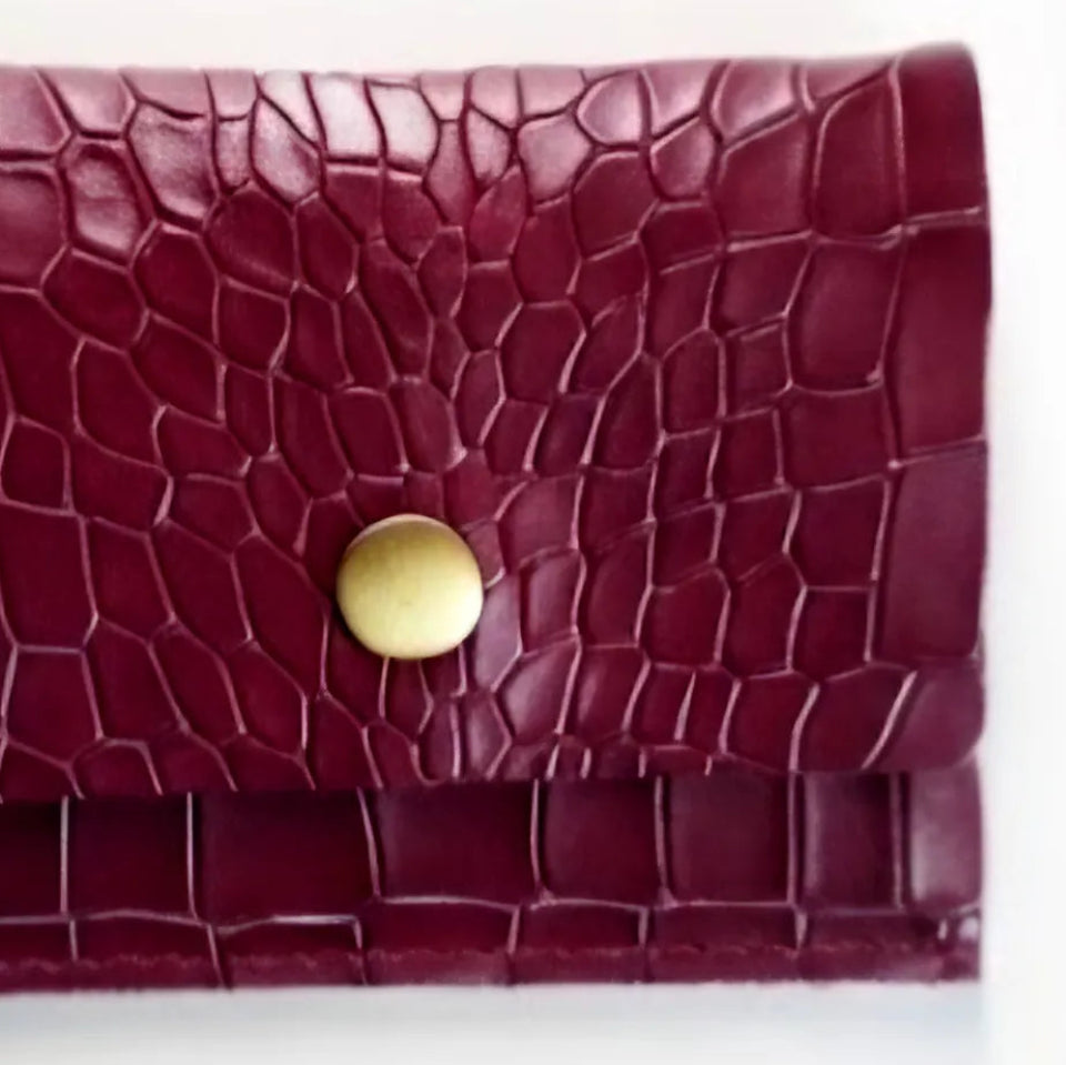 Cherry Croco Genuine Leather Slim Gloss Aniline Finish With Snap Button Flap 5 Card Capacity Card Case For Men & Women