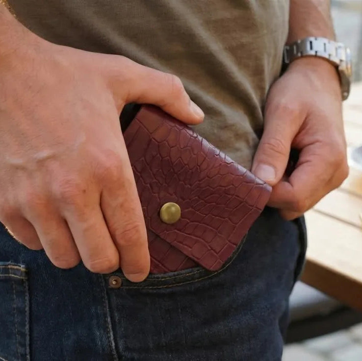 Cherry Croco Genuine Leather Slim Gloss Aniline Finish With Snap Button Flap 5 Card Capacity Card Case For Men & Women