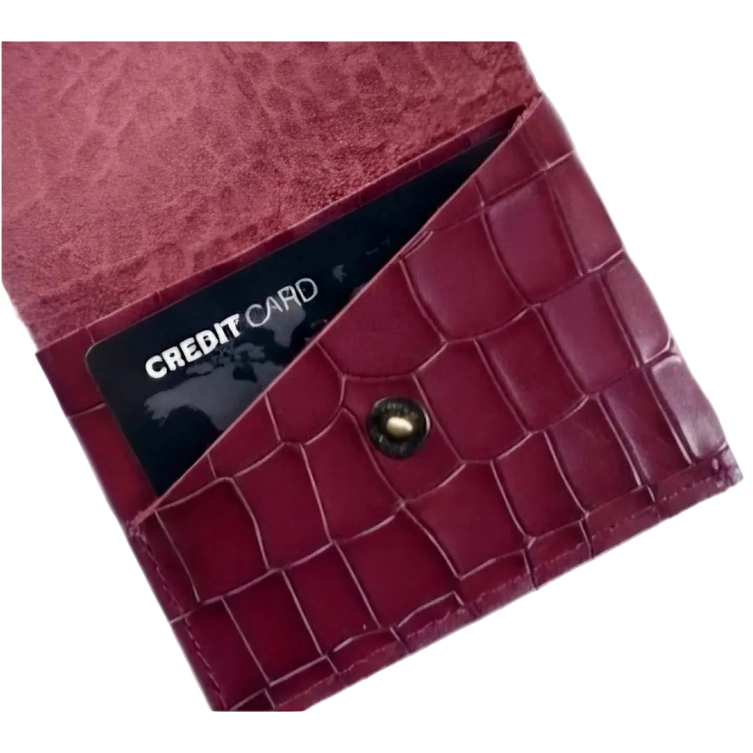 Cherry Croco Genuine Leather Slim Gloss Aniline Finish With Snap Button Flap 5 Card Capacity Card Case For Men & Women