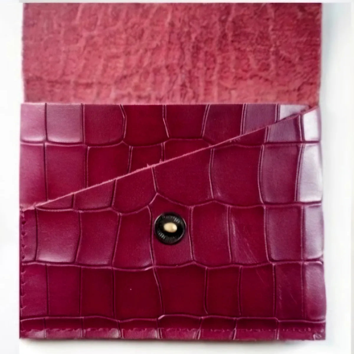 Cherry Croco Genuine Leather Slim Gloss Aniline Finish With Snap Button Flap 5 Card Capacity Card Case For Men & Women