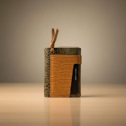 Brown Croco Pattern Genuine Leather Slim Minimalist Pocket Multi-Card Slots, Key-Ring Loop Premium Handcrafted Design Wallet Card Holder For Men & Women