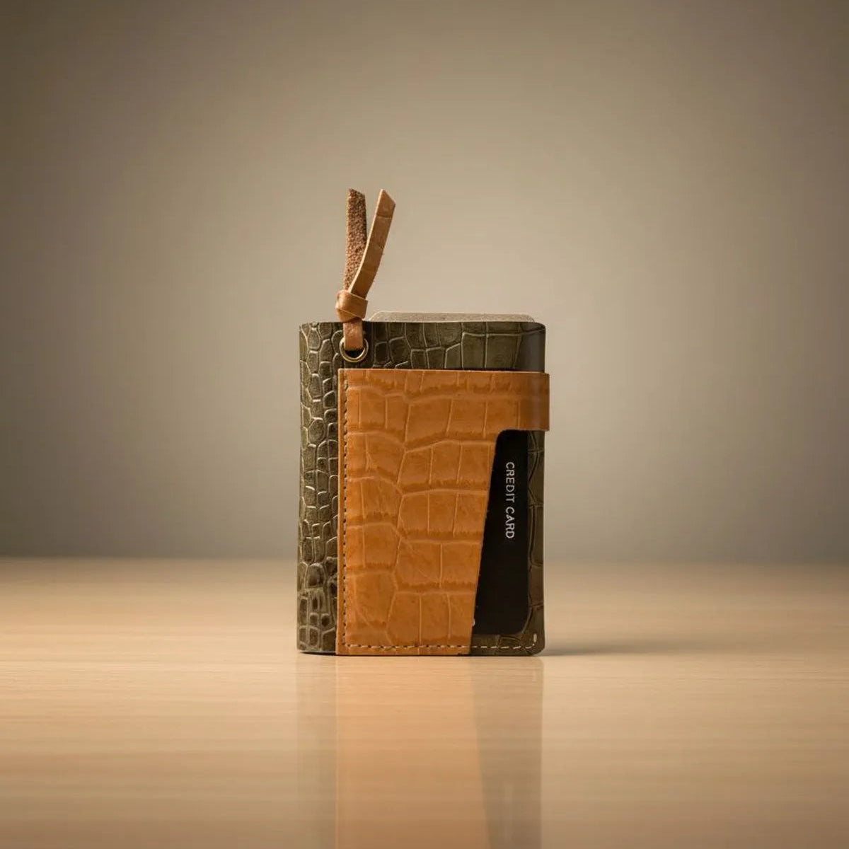 Brown Croco Pattern Genuine Leather Slim Minimalist Pocket Multi-Card Slots, Key-Ring Loop Premium Handcrafted Design Wallet Card Holder For Men & Women