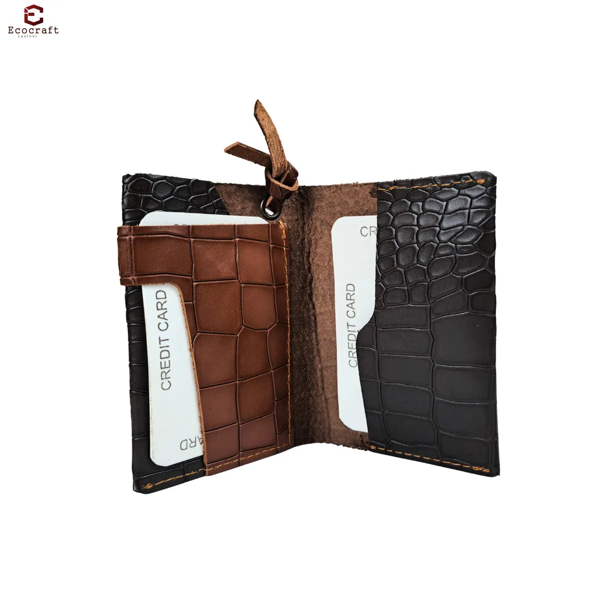 Brown Croco Pattern Genuine Leather Slim Minimalist Pocket Multi-Card Slots, Key-Ring Loop Premium Handcrafted Design Wallet Card Holder For Men & Women
