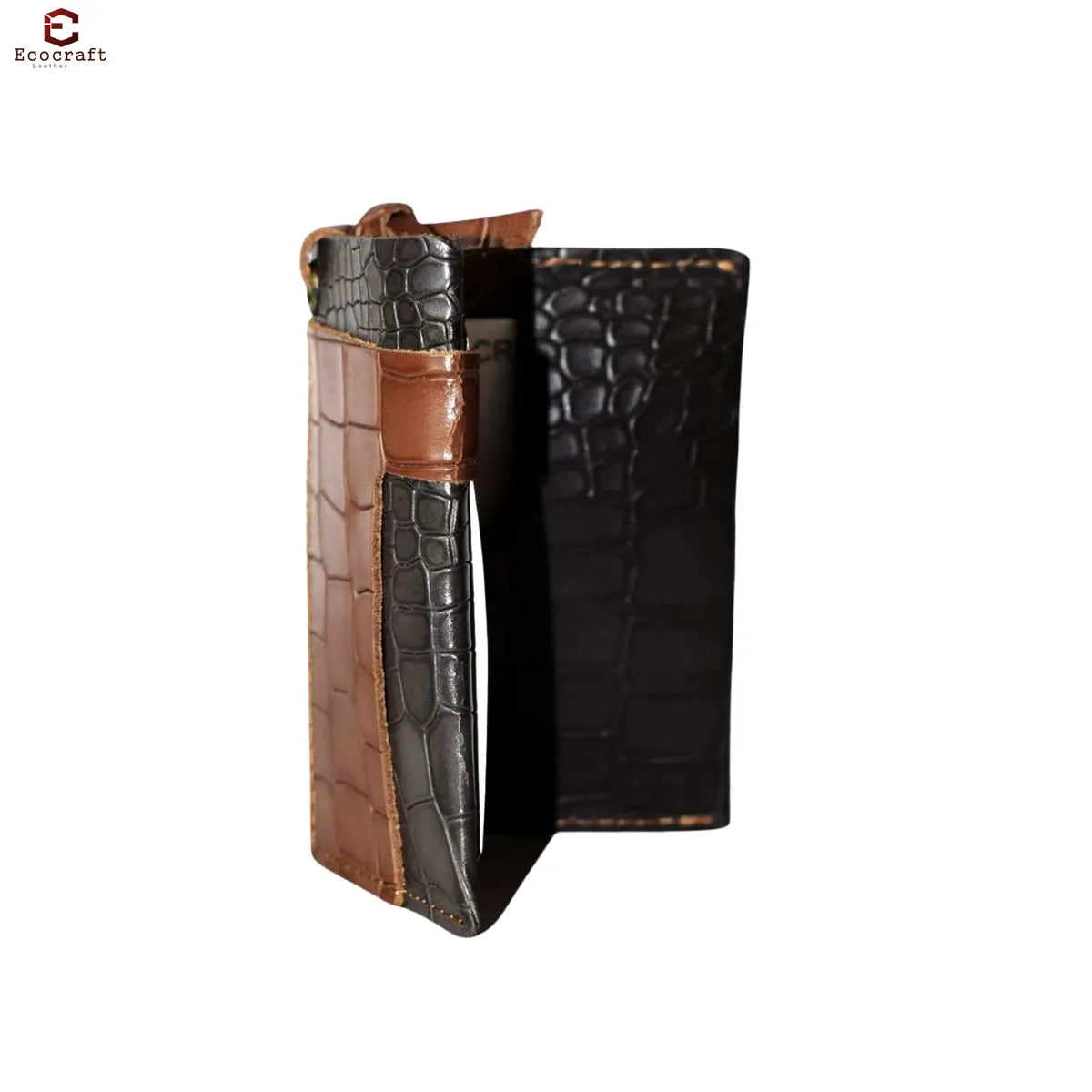 Brown Croco Pattern Genuine Leather Slim Minimalist Pocket Multi-Card Slots, Key-Ring Loop Premium Handcrafted Design Wallet Card Holder For Men & Women