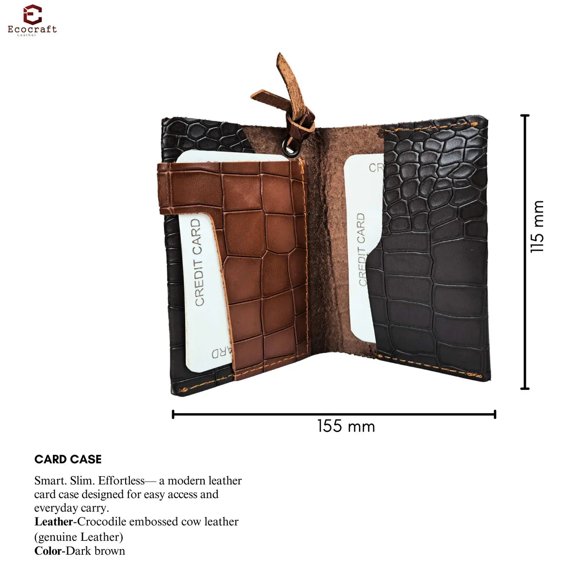 Brown Croco Pattern Genuine Leather Slim Minimalist Pocket Multi-Card Slots, Key-Ring Loop Premium Handcrafted Design Wallet Card Holder For Men & Women