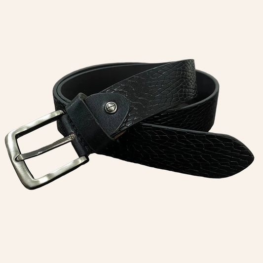 Black Genuine Leather Men's Belt | Premium Textured Formal & Casual Belt with Metal Buckle | Adjustable Trim-to-Fit Leather Belt for Men