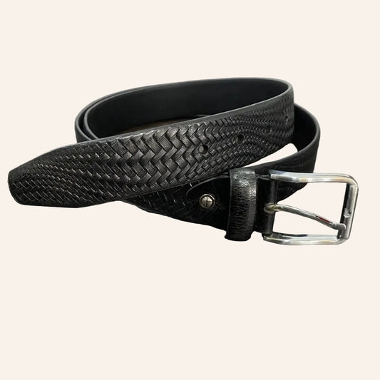 Black Genuine Leather Men's Belt | Premium Textured Formal & Casual Belt with Metal Buckle | Adjustable Trim-to-Fit Leather Belt for Men