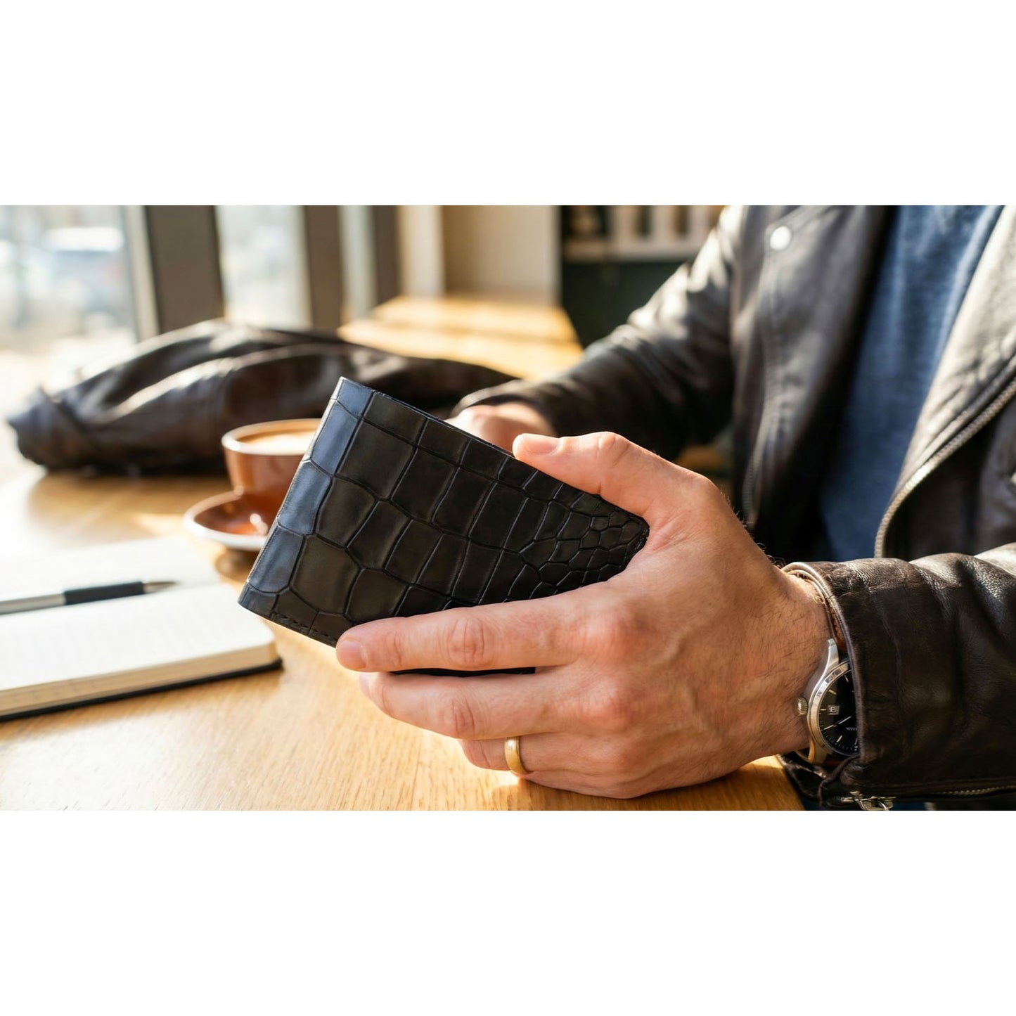 Croco Pattern Leather Bifold V-Cut Wallet