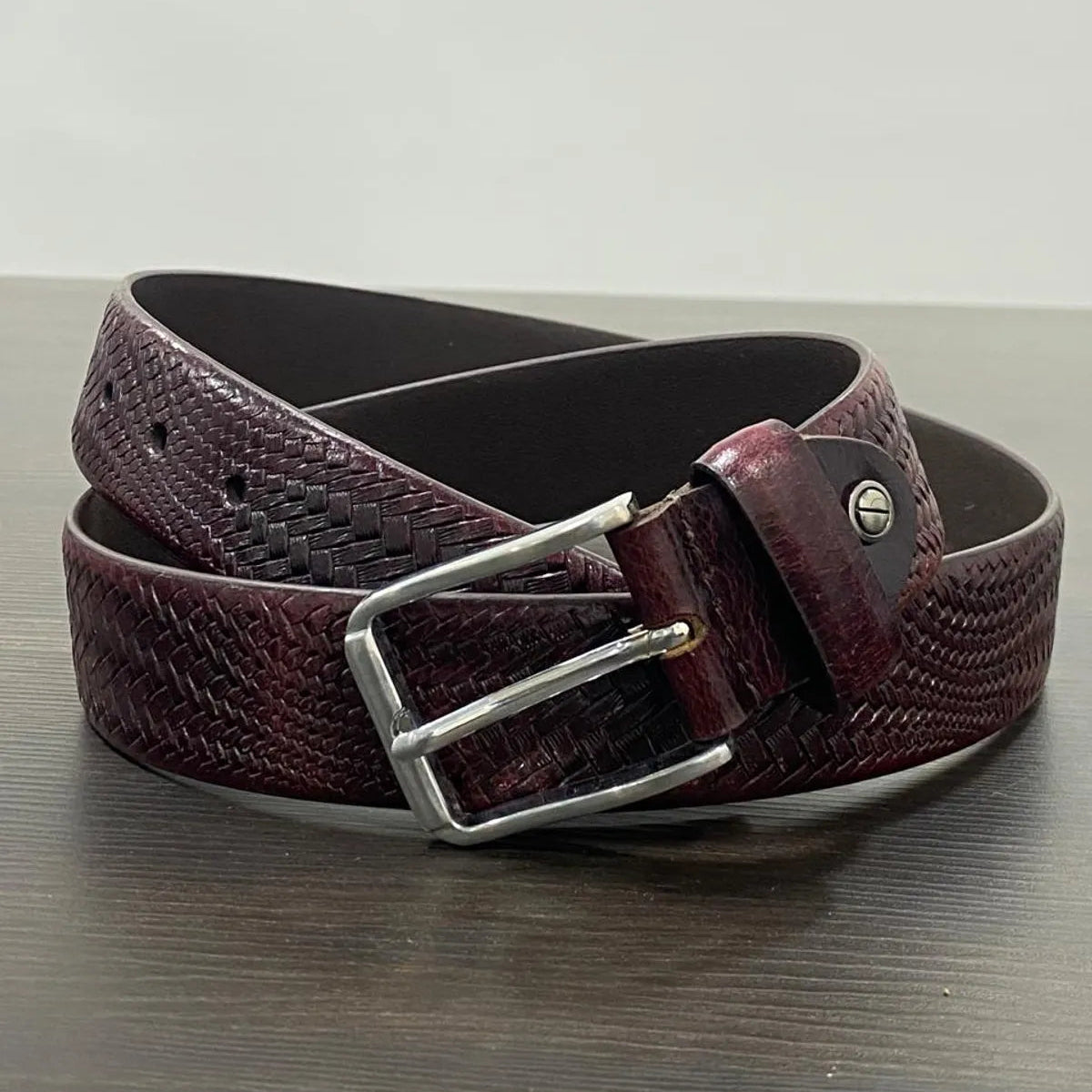 Cherry Genuine Leather Men's Belt | Premium Textured Formal & Casual Belt with Metal Buckle | Adjustable Trim-to-Fit Leather Belt for Men