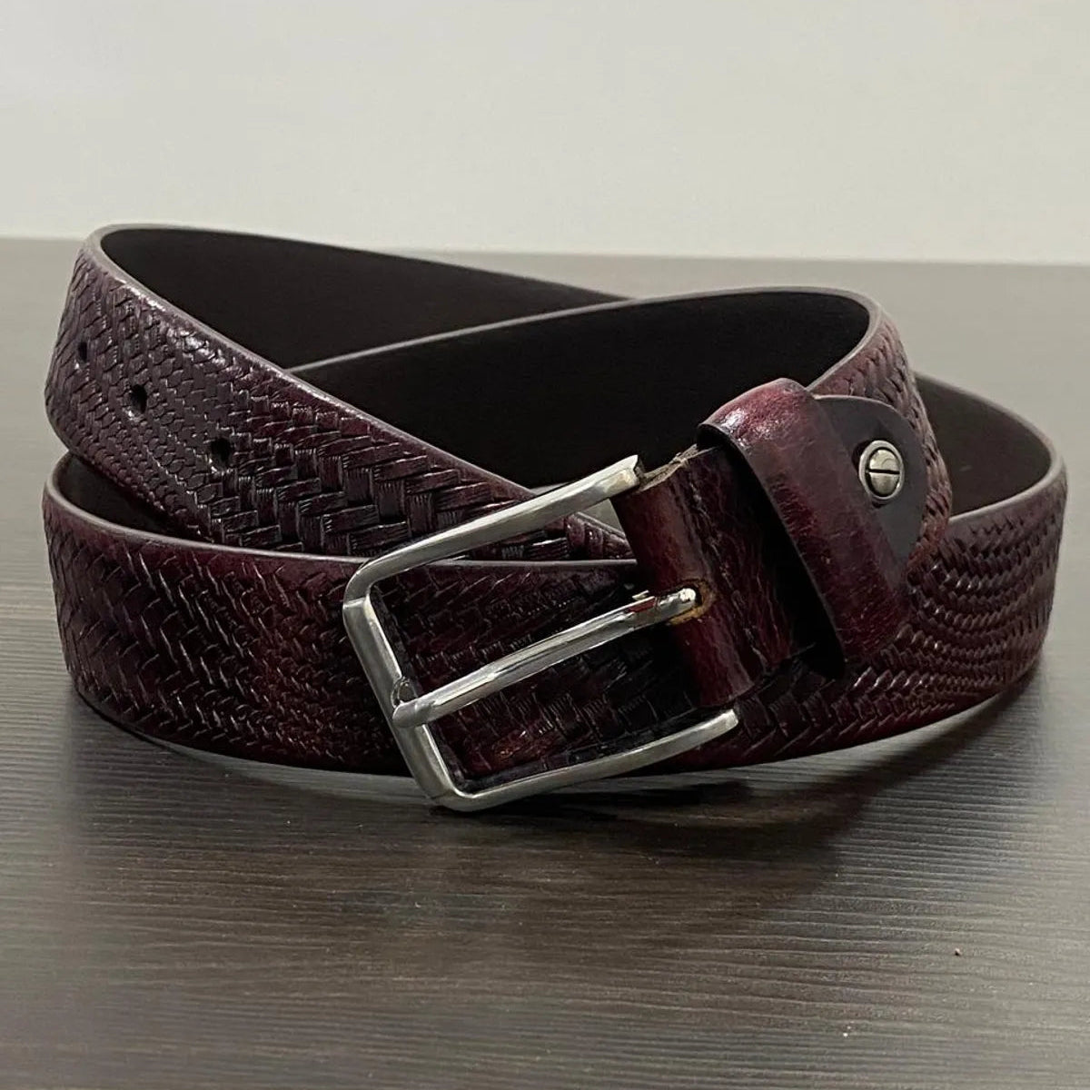 Cherry Genuine Leather Men's Belt | Premium Textured Formal & Casual Belt with Metal Buckle | Adjustable Trim-to-Fit Leather Belt for Men