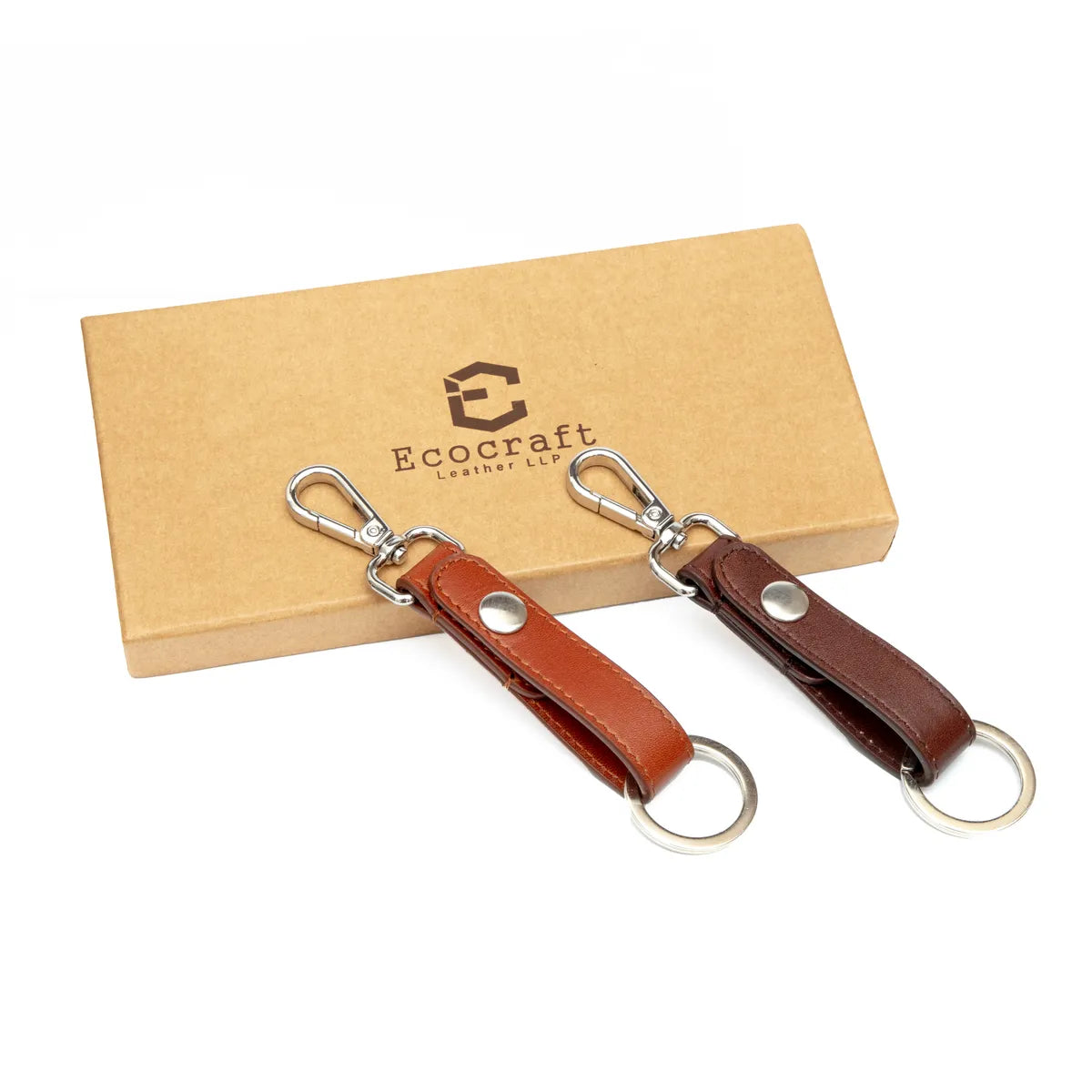 ECOCRAFT Premium Leather Duo Keyring Set for Him & Her, Full Grain Aniline Finish, Stylish Gift Set - Brown & Cognac (Set of 2)