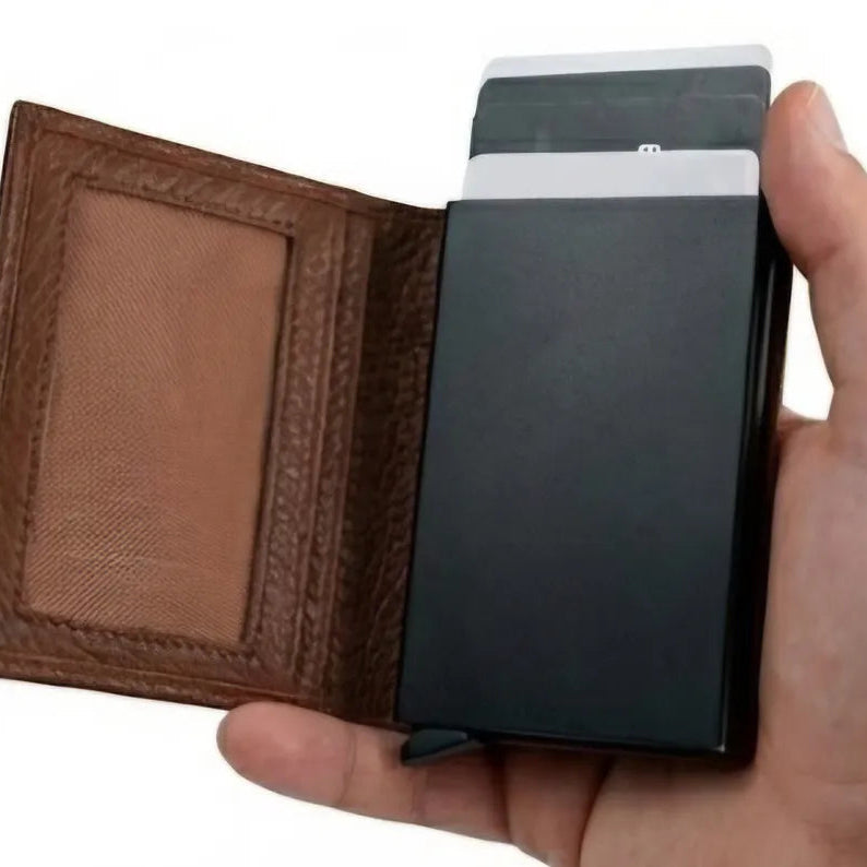 Tan Bifold Pop-Up Leather 8 Card Slots, 1 Id Window, 1 Cash Compartment Premium Pebble Grain Leather Card Holder For Men & Women