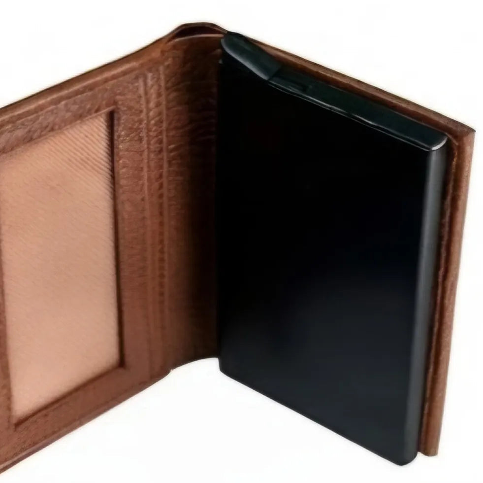 Tan Bifold Pop-Up Leather 8 Card Slots, 1 Id Window, 1 Cash Compartment Premium Pebble Grain Leather Card Holder For Men & Women