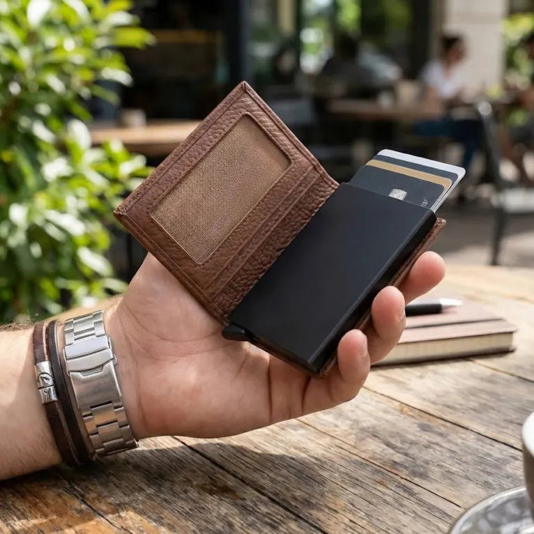 Tan Bifold Pop-Up Leather 8 Card Slots, 1 Id Window, 1 Cash Compartment Premium Pebble Grain Leather Card Holder For Men & Women