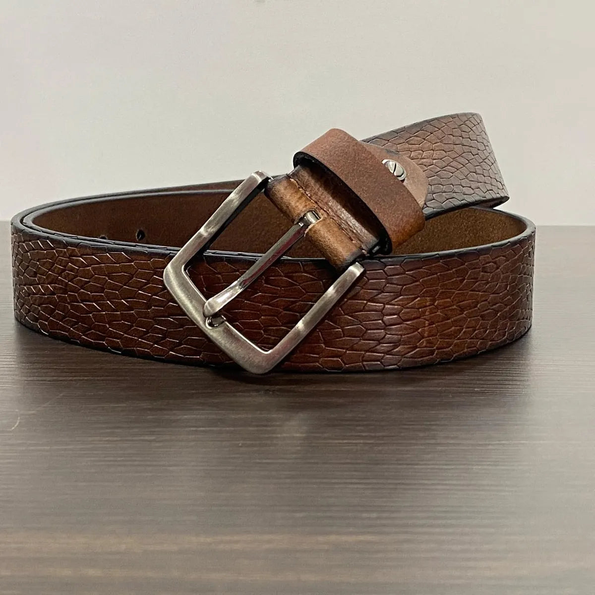 Tan Genuine Leather Premium Textured Formal & Casual With Metal Buckle Adjustable Trim-To-Fit Leather Belt For Men