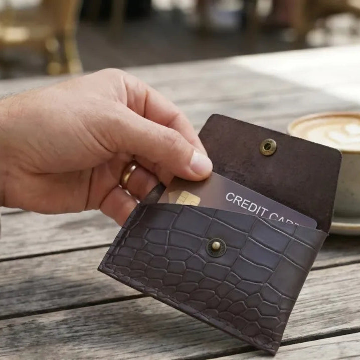 Grey Croco Genuine Leather Slim Gloss Aniline Finish With Snap Button Flap 5 Card Capacity Card Case For Men & Women