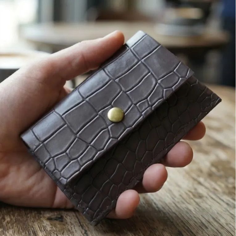 Grey Croco Genuine Leather Slim Gloss Aniline Finish With Snap Button Flap 5 Card Capacity Card Case For Men & Women