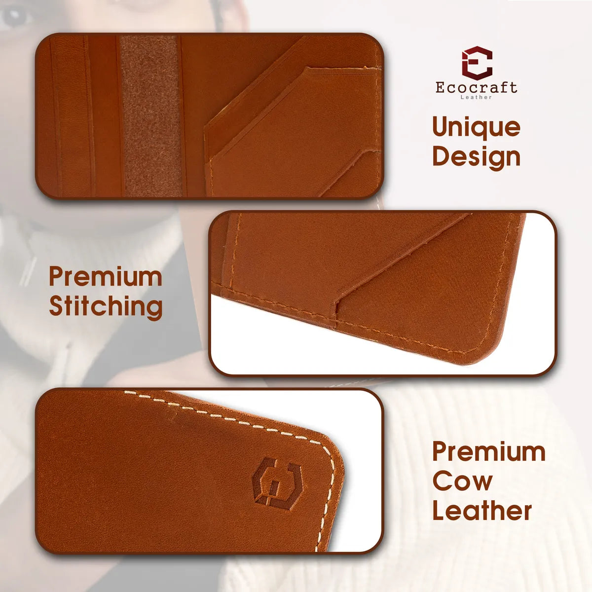 Tan Ultra Sleek Bifold Leather Teens & Gen Z Credit Front Pocket Slim Premium Full Grain Cow Leather Card Holder For Men & Women