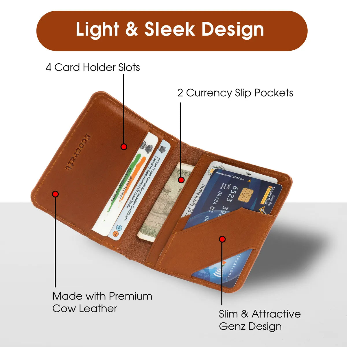 Tan Ultra Sleek Bifold Leather Teens & Gen Z Credit Front Pocket Slim Premium Full Grain Cow Leather Card Holder For Men & Women