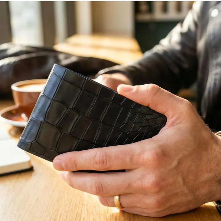 Black Croco Pattern Genuine Leather V-Cut Bifold Snap Closure Gloss Aniline Finish Multi-Compartment Storage Wallet For Men
