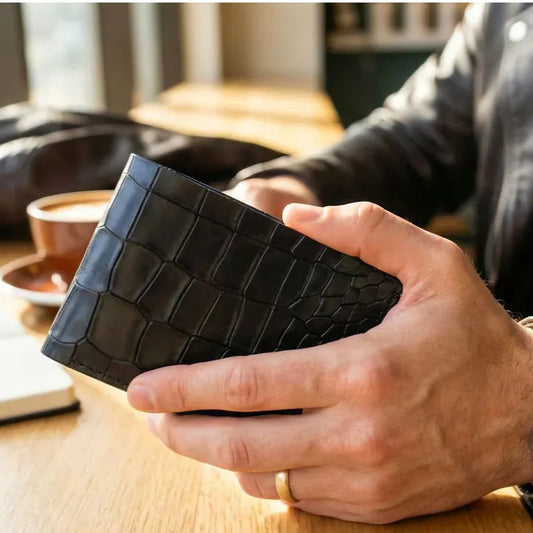 Black Croco Pattern Genuine Leather V-Cut Bifold Snap Closure Gloss Aniline Finish Multi-Compartment Storage Wallet For Men