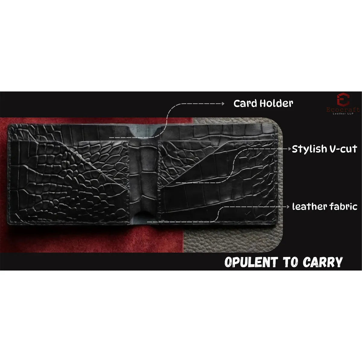 Black Croco Pattern Genuine Leather V-Cut Bifold Snap Closure Gloss Aniline Finish Multi-Compartment Storage Wallet For Men