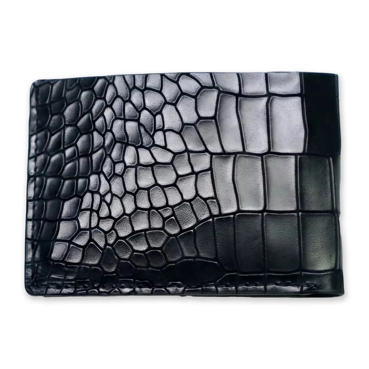 Black Croco Pattern Genuine Leather V-Cut Bifold Snap Closure Gloss Aniline Finish Multi-Compartment Storage Wallet For Men