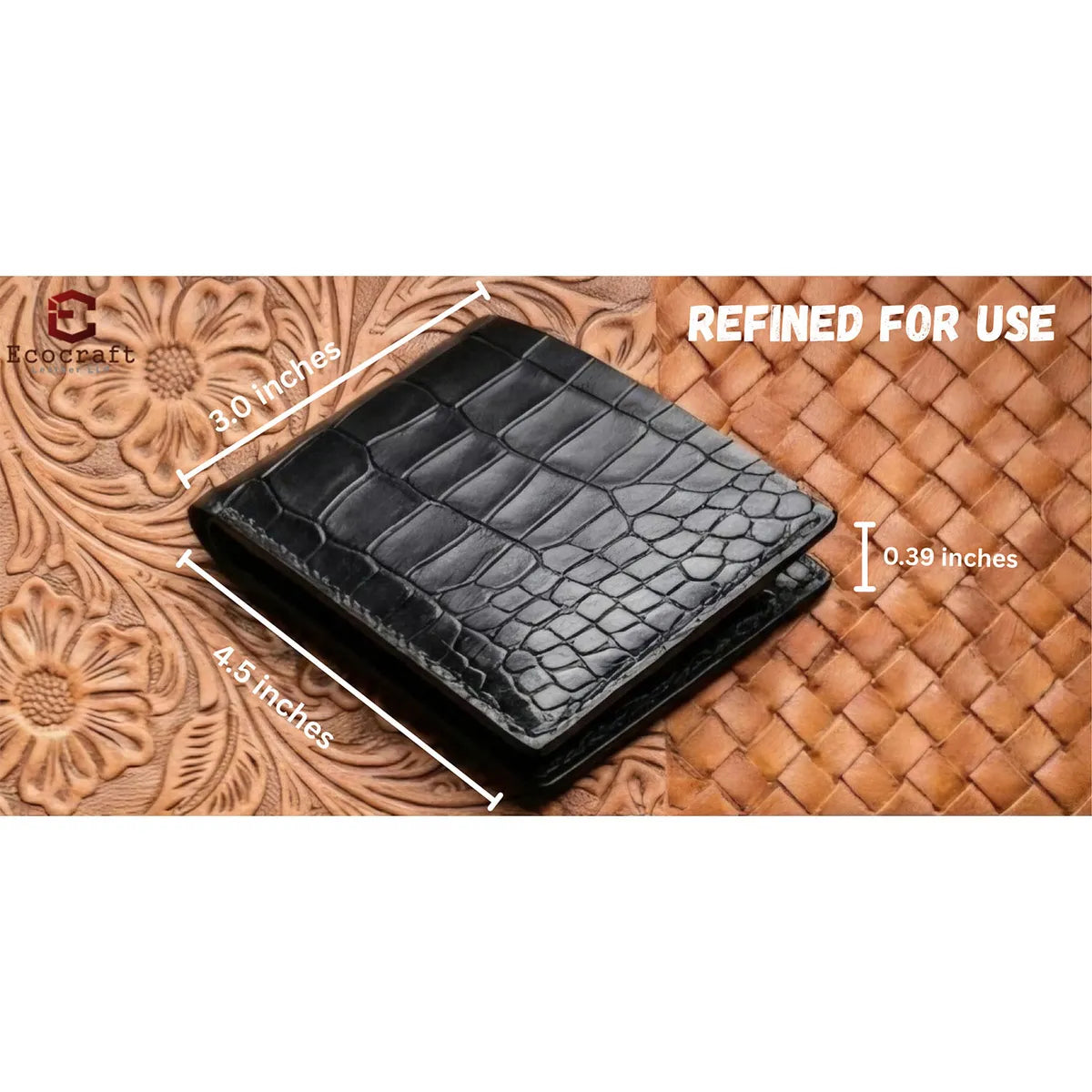 Black Croco Pattern Genuine Leather V-Cut Bifold Snap Closure Gloss Aniline Finish Multi-Compartment Storage Wallet For Men