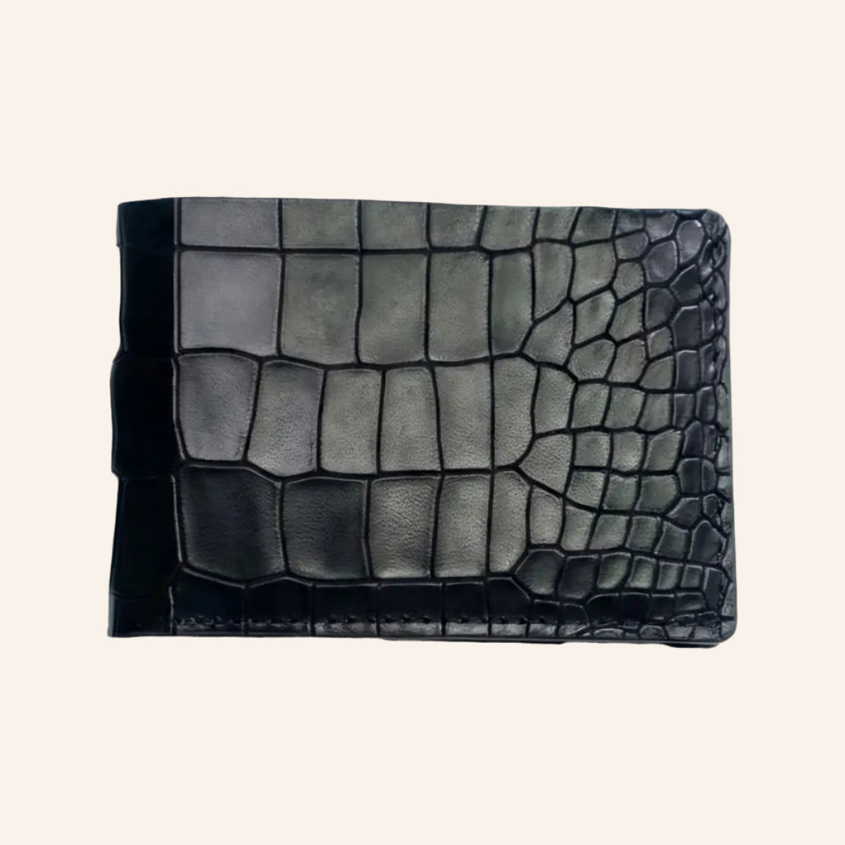 Black Croco Pattern Genuine Leather V-Cut Bifold Snap Closure Gloss Aniline Finish Multi-Compartment Storage Wallet For Men