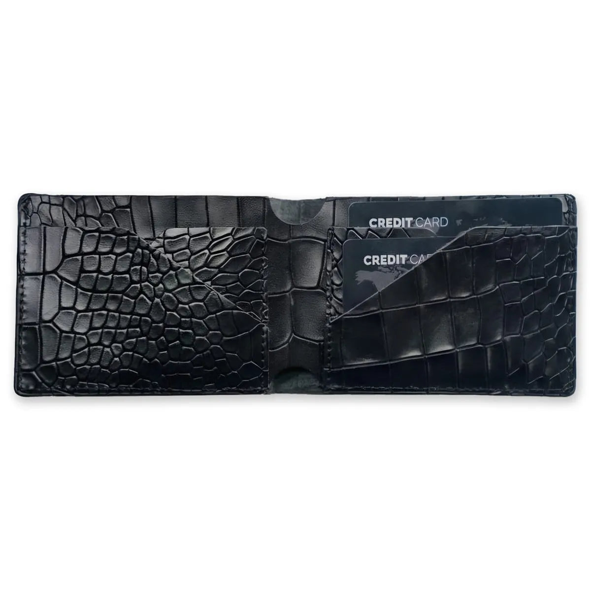 Black Croco Pattern Genuine Leather V-Cut Bifold Snap Closure Gloss Aniline Finish Multi-Compartment Storage Wallet For Men