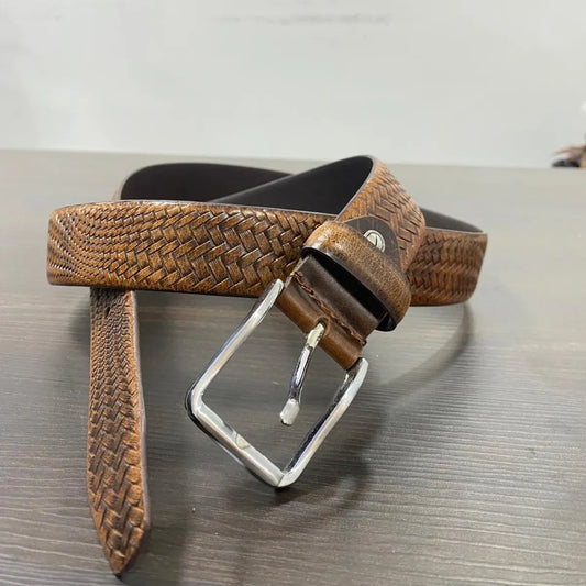 Tan Genuine Leather Men's  Belt | Premium Textured Formal & Casual Belt with Metal Buckle | Adjustable Trim-to-Fit Leather Belt for Men